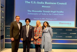 Senior US diplomat Alice G Wells with India's new Ambassador to the US Taranjit Singh Sandhu in Washington, on Thursday.