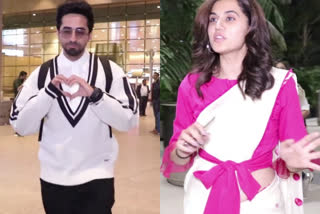 celebs spotted at mumbai airport, celebs airport look, taapsee pannu pink saree airport look, ayushmann airport look, taapsee cares paparazzi, सेलेब्स एयरपोर्ट लुक, तापसी ने पैपराजी को कहा ध्यान रखो अपना, एयरपोर्ट पर पिंक साड़ी में तापसी