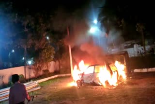 Fire in car parked at parking lot in Janjgir Champa