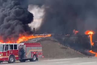 A tanker truck has overturned causing a huge fire on I-70 near I-465 on the east side of Indianapolis, Indiana.