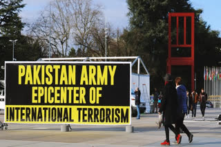 'Pakistani Army Epicenter of International Terrorism' poster displayed at Broken Chair in Geneva