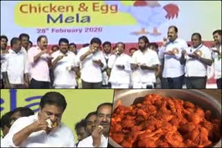 Telangana ministers eat chicken  കൊറോണ ഭീതി  കൊവിഡ് 19 തെലങ്കാന  തെലങ്കാന മന്ത്രിമാര്‍  പൊതുവേദിയില്‍ ചിക്കന്‍ കഴിച്ച് തെലങ്കാന മന്ത്രിമാര്‍