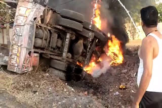 Uncontrolled truck overturned, fire started, Driver burns to death