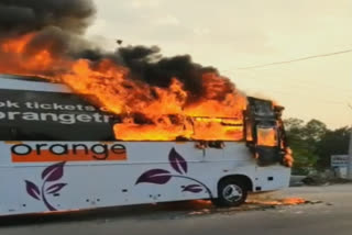 Private bus catches fire in Hyderabad