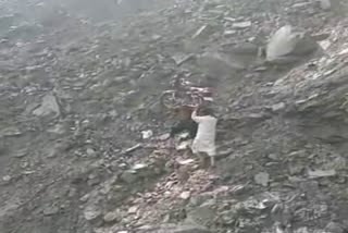 People crossing road picking up the bike on the shoulder in chamba