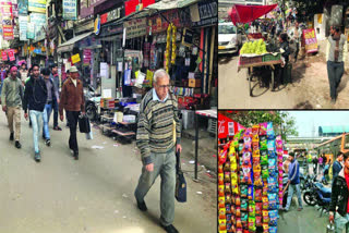 road and footpath occupied by shopkeepers near uttam nagar metro station in delhi