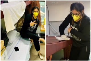 Raveena Tondon Cleans Train Cabin to be safe from Corona Virus