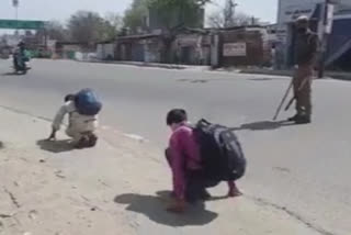 UP police  lockdown  migrant workers  Badaun  Coronavirus  യുപി പൊലീസ്  അന്യ സംസ്ഥാന തൊഴിലാളി  ലോക്‌ഡൗൺ  അന്യ സംസ്ഥാന തൊഴിലാളികൾ  കൊറോണ  കൊവിഡ്  യുപി