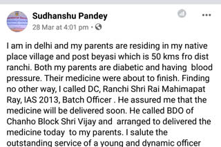 Ranchi DC delivers medicines to elderly parents