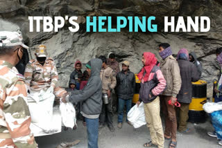 Chandrakala Choudhury  Indo Tibetan Border Police  Lockdown  Stranded Labourers  Migrant Workers  Spillo  Himachal Pradesh  Kinnaur  Rations  Essential Supplies  ഇന്തോ ടിബറ്റൻ ബോർഡർ പൊലീസ്  ലോക്‌ഡൗൺ വാർത്ത  ഹിമാചലില്‍ കുടുങ്ങിയ തൊഴിലാളികൾ  ഹിമാചല്‍ പ്രദേശില്‍ കുടുങ്ങിയ തൊഴിലാളികൾക്ക് സഹായവുമായി ഐടിബിപി