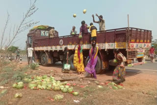 Farmers disposing of watermelons beside the road