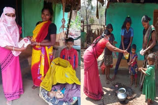 Anganwadi workers are distributing nutritious food dry ration to infant children in narayanpur