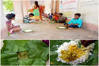 women help group served food in Palash leaves