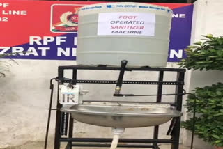 Foot-operated sanitiser machine at Delhi's Nizamuddin RPF Post to prevent COVID-19