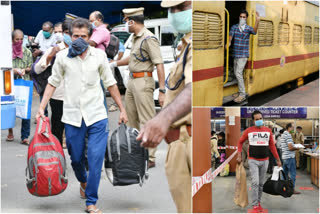 എറണാകുളം റെയില്‍ വേ സ്റ്റേഷൻ  അതിഥി തൊഴിലാളികളുമായി ട്രെയിൻ പുറപ്പെട്ടു  എറണാകളും നോർത്ത് സ്റ്റേഷൻ  ernakulam north railway station  migrant workers train from ernakulam  covid updates kerala  കാെവിഡ് വാർത്തകൾ  അതിഥി തൊഴിലാളികൾ