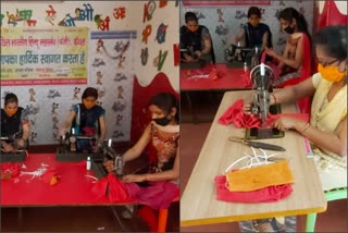 school teacher making masks