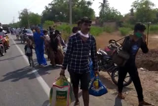 Migrant workers  Daily earners  Travel on foot  Bellari  Challakere  Karnataka  Ashok Gehlot  Lockdown  Coronavirus crisis  Covid-19  Karnataka  ഇതര സംസ്ഥാന തൊഴിലാളി  ബെംഗളുരു  രാജസ്ഥാൻ  രാജസ്ഥാൻ സർക്കാർ  ബെല്ലാരി