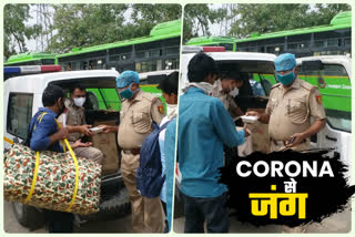 Madhu Vihar SHO Rajiv Kumar feeds migrants  going home to bihar