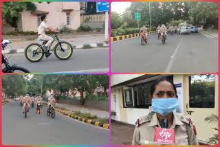 Delhi Police's South Campus police station team is patrolling by bicycle