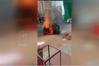 The car is burning due to short cercuit at anadbagh in medchal