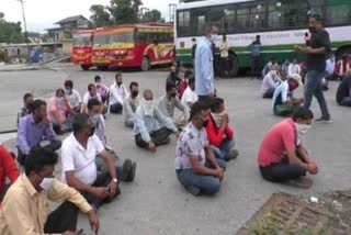 Private bus drivers and operators union members on strike in Kangra