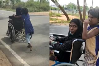 A Little Girl Who carries Her Mother in Wheel-chair In search of Her Brother