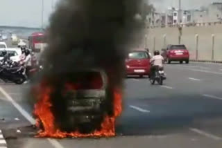 A huge fire catches in a running car in Mandawali delhi