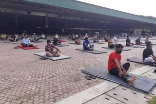 People doing yoga in Parour Quarantine Center Kangra