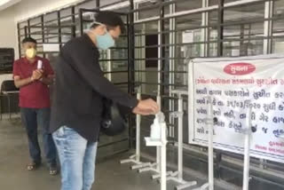 Foot pedal hand sanitizer machine installed in Bharuch