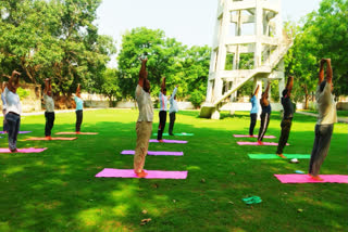 Yoga session organized to relieve stress for IGI Airport police