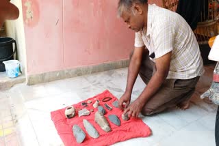Excavated archaeological equipment at govardhanagiri in janagama district
