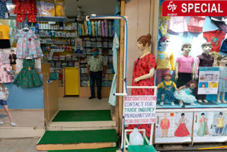 Body sanitizer machine installed outside the shop in Sarojini Nagar Market