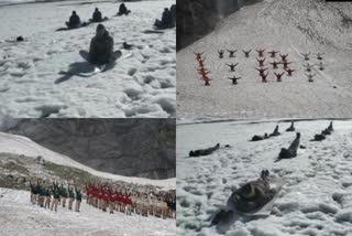 ITBP (Indo-Tibetan Border Police) personnel perform yoga at Khardung La, at an altitude of 18000 feet