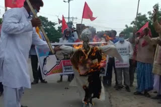 पेट्रोल-डीजल के बढ़ते दाम को लेकर प्रधानमंत्री का फूंका गया पुतला.