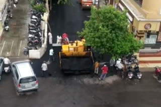 Road construction in rain