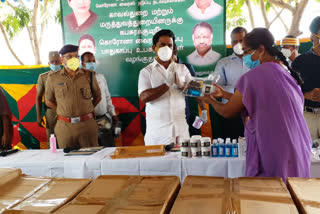 minister kamaraj providing corona prevention materiel for front line workers