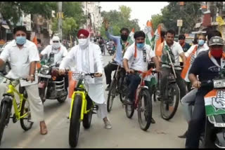 Congress holds cycle rally against rising prices of petrol and diesel in Krishna Nagar delhi