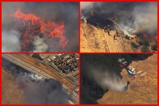 Highway in California as firefighters battled a large brush fires