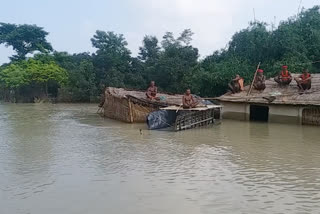 Bihar flood fury  Mangalpur Kala village  roof-to[ of hut  guard their belongings  villagers settled on the top of huts  champaran flood