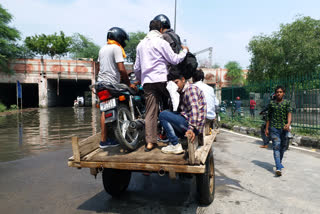 Waterlogging of roads forces people to use bullock carts