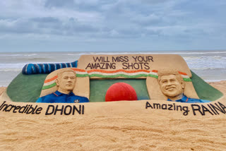 Sudarshan Patnaik pays tribute to MS Dhoni, Suresh Raina with sand art