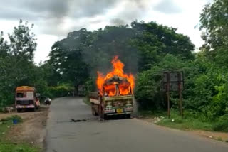 A fire broke out in a lorry parked on a national highway  at saluru