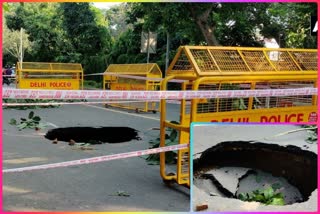 A portion of Shrimant Madhav Rao Scindia Marg caves in Delhi Police put barricades around the spot