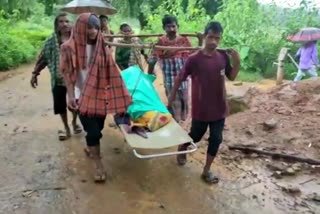 A pregnant  woman carried in a stretcher over 4 km to reach hospital