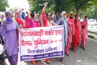 Anganwadi workers and helper union protest in kaithal