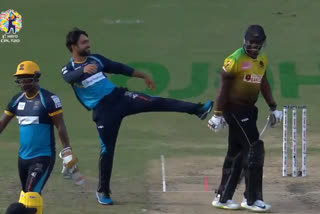 cpl 2020 : hilarious rashid khan kicks dre russ back after bail stays put after hitting the stumps