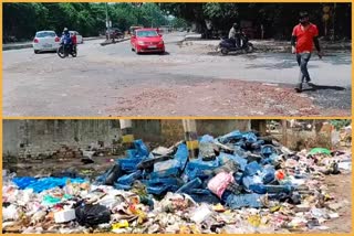 garbage on the road in chhatarpur and broken road in masudpur