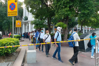 Long lines of passengers outside metro stations in Delhi