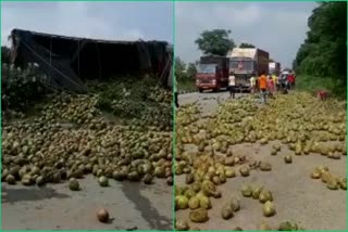 truck overturns in sirohi,  truck overturns due to tire brust in siroh