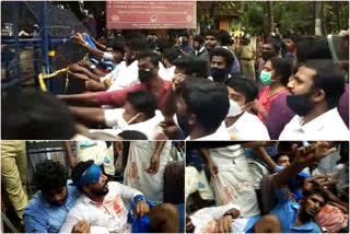 alappuzha  ksu march  clash  അടി  കെഎസ്‌യു  അടിപിടി  പൊലീസ്  ലാത്തി വീശി  പ്രതിഷേധം  ആലപ്പുഴ  കെടിജെലീൽ  സ്വർണക്കടത്ത്  gold smuggling